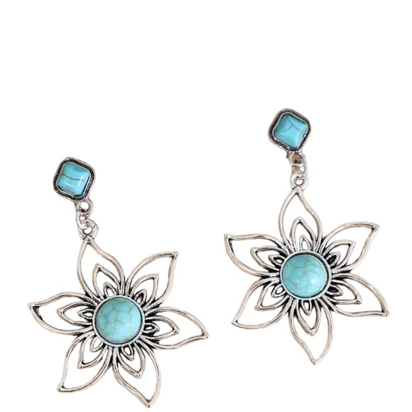 Boho Silver and Turquoise Flower Drop Earrings - Picture 3 of 6